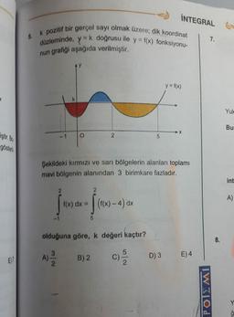 INTEGRAL
5.
k pozitif bir gerçel sayı olmak üzere; dik koordinat
düzleminde, y=k doğrusu ile y = f(x) fonksiyonu-
grafiği aşağıda verilmiştir.
7.
nun
y = f(x)
Yuk
Bu
X
-1
O
2
5
göster)
Şekildeki kırmızı ve sari bölgelerin alanları toplamı
mavi bölgenin alanından 3 birimkare fazladır.
int
2
A)
f(x) dx =
(f(x) – 4) dx
-1
olduğuna göre, k değeri kaçtır?
8.
3
5
A)
c)
E)
B) 2
D) 3 E) 4
2
POIZMI
Y