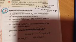 zilirler
on ali-
ur.
Elektron taşınması ve kemiozmoz birlikte oksi-
datif fosforilasyonu oluşturur.
ETS+ keniors
oksidatia
Elektron taşıma sisteminde;
fosfriasup
1. Elektronlar aktarılır ve H2O'nun yapısına katılır.
WI. Hidrojenler zarlar arasına taşınır.
III. NADH ve FADH, aynı ETS elemanına elektron
verirler.
IV. NADH VE FADH'nin zarlar arası boşluğa H* ge-
çişine katkıları eşittir.
yukarıda verilenlerden hangileri doğrudur?
riyorum Yayınları
A) I ve II
B) III ve IV C) I, II ve III
D) I, II ve IV E) I, II, III ve IV
