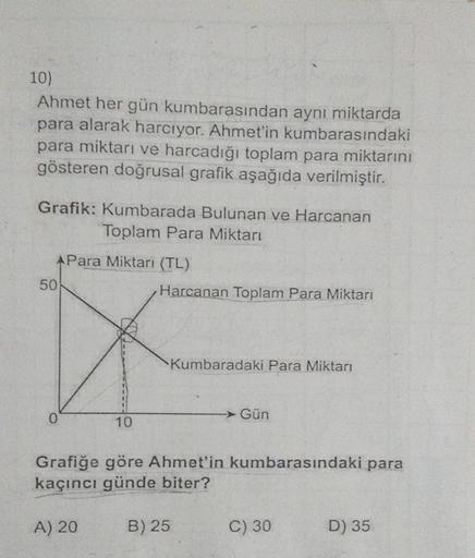 10)
Ahmet her gün kumbarasından aynı miktarda
para alarak harcıyor. Ahmet'in kumbarasındaki
para miktarı ve harcadığı toplam para miktarını
gösteren doğrusal grafik aşağıda verilmiştir.
Grafik: Kumbarada Bulunan ve Harcanan
Toplam Para Miktarı
APara Miktar