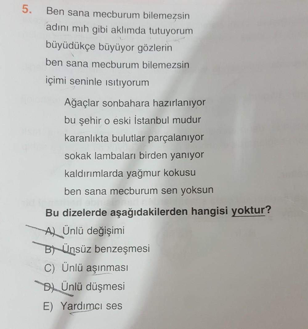 5.
Ben sana mecburum bilemezsin
adını mıh gibi aklımda tutuyorum
büyüdükçe büyüyor gözlerin
ben sana mecburum bilemezsin
içimi seninle isıtıyorum
Ağaçlar sonbahara hazırlanıyor
bu şehir o eski İstanbul mudur
karanlıkta bulutlar parçalanıyor
sokak lambaları