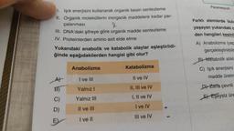 Paramesyum
1. Işık enerjisini kullanarak organik besin sentezleme
II. Organik moleküllerin inorganik maddelere kadar par-
çalanması
&
III. DNA'daki şifreye göre organik madde sentezleme
IV. Proteinlerden amino asit elde etme
Yukarıdaki anabolik ve katabolik olaylar eşleştirildi-
ğinde aşağıdakilerden hangisi gibi olur?
Farklı alemlerde bulu
yaşayan yukarıdaki
den hangileri kesinl
A) Anabolizma (yap
gerçekleştirebilr
B) Metabolik atıkla
Anabolizma
Katabolizma
C) Işık enerjisini
madde üretm
AL
I ve III
Il ve IV
B)
Yalnız!
II, III ve IV
De Zarla çevrili
C)
Yalnız III
I, II ve IV
El Eşeysiz üre
I ve IV
D)
Il ve III
III ve IV
E
I ve II
