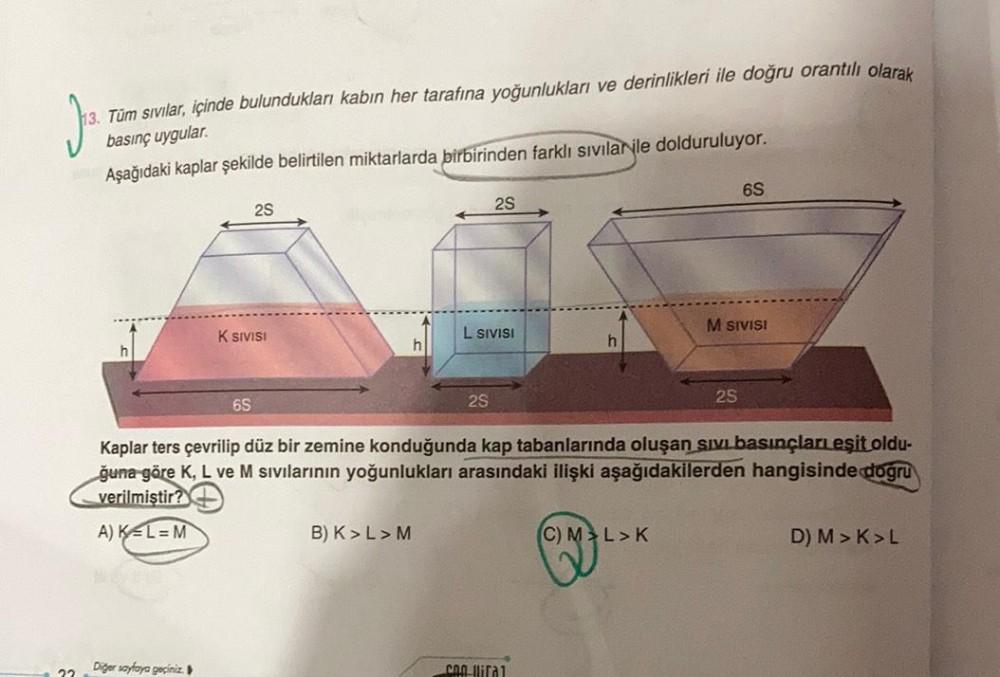 13. Tüm sıvılar, içinde bulundukları kabın her tarafına yoğunlukları ve derinlikleri ile doğru orantılı olarak
basınç uygular.
Aşağıdaki kaplar şekilde belirtilen miktarlarda birbirinden farklı sivilan ile dolduruluyor.
6S
2S
25
M SIVISI
K SIVISI
L SIVISI