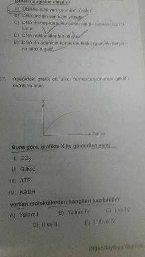 hangisine ulaşılır?
A) DNA kendini yarı korunumlu eşler
B) DNA protein sentezini yöneti
C) DNA da beş karbonlu şeker olarak deoksiriboz bu
lunur.
D) DNA nükleotitlerden oluşur.
E) DNA da adeninin karşısına timin, guaninin karsis
na sitozin gelid
37.
Aşağıd