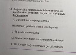da tüylere sahip olma
18. Soğan kökü hücrelerinde hücre bölünmesi
incelenirken aşağıdaki olaylardan hangisiyle
karşılaşılmaz?
A) Çekirdek zarının parçalanması
B) Kromatin ipliklerin kısalıp kalınlaşması
C) Iğ ipliklerinin oluşumu
D) Kromatitlerin hücrenin kutuplarına çekilmesi
E) Sitokinezin boğumlanmayla gerçekleşmesi