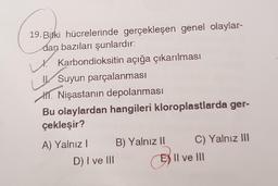 19. Bitki hücrelerinde gerçekleşen genel olaylar-
dan bazıları şunlardır:
W. Karbondioksitin açığa çıkarılması
Suyun parçalanması
III. Nişastanın depolanması
Bu olaylardan hangileri kloroplastlarda ger-
çekleşir?
El
A) Yalnız! B) Yalnız 11 C) Yalnız III
D) I ve 110
EX Il ve III
