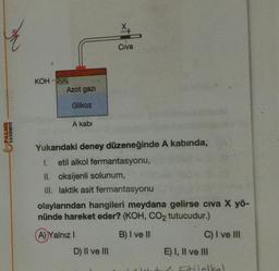 X
Civa
KOH
Azot gazi
Glikoz
A kabi
YAYINEVİ
Yukarıdaki deney düzeneğinde A kabinda,
1. etil alkol fermantasyonu,
II. oksijenli solunum,
III. laktik asit fermantasyonu
olaylarından hangileri meydana gelirse civa X yö-
nünde hareket eder? (KOH, CO2 tutucudur.)
A) Yalnız
B) I ve II
C) I ve III
E) I, II ve III
D) II ve III
alla
