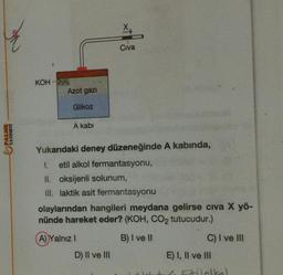 X
Civa
KOH
Azot gazi
Glikoz
A kabi
YAYINEVİ
Yukarıdaki deney düzeneğinde A kabinda,
1. etil alkol fermantasyonu,
II. oksijenli solunum,
III. laktik asit fermantasyonu
olaylarından hangileri meydana gelirse civa X yö-
nünde hareket eder? (KOH, CO2 tutucudur.)
A) Yalnız
B) I ve II
C) I ve III
E) I, II ve III
D) II ve III
alla
