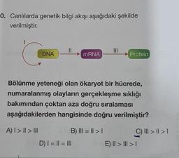 0. Canlılarda genetik bilgi akışı aşağıdaki şekilde
verilmiştir.
1
DNA
mRNA
Protein
Bölünme yeteneği olan ökaryot bir hücrede,
numaralanmış olayların gerçekleşme sıklığı
bakımından çoktan aza doğru sıralaması
aşağıdakilerden hangisinde doğru verilmiştir?
A) I > II > III
B) III = || > 1
C) III > II >
D) I = || = III
E) II > III >