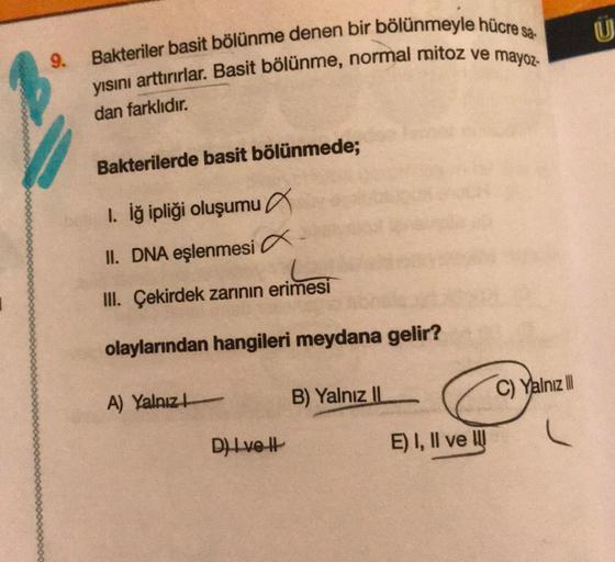 9.
Bakteriler basit bölünme denen bir bölünmeyle hücre sa-
yisini arttırırlar. Basit bölünme, normal mitoz ve mayoz-
dan farklıdır.
Bakterilerde basit bölünmede;
1. iğ ipliği oluşumu ~
II. DNA eşlenmesi
III. Çekirdek zarinin erimesi
olaylarından hangileri