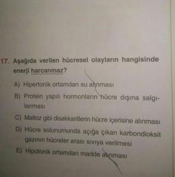 17. Aşağıda verilen hücresel olayların hangisinde
enerji harcanmaz?
A) Hipertonik ortamdan su alinması
B) Protein yapılı hormonların hücre dışına salgi-
lanması
C) Maltoz gibi disakkaritlerin hücre içerisine alınması
D) Hücre solunumunda açığa çıkan karbondioksit
gazinin hücreler arası siviya verilmesi
E) Hipotonik ortamdan madde alınması
