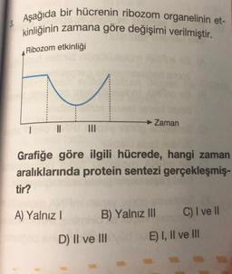 3. Aşağıda bir hücrenin ribozom organelinin et-
kinliğinin zamana göre değişimi verilmiştir.
Ribozom etkinliği
-Zaman
1
Grafiğe göre ilgili hücrede, hangi zaman
aralıklarında protein sentezi gerçekleşmiş-
tir?
A) Yalnız!
B) Yalnız III
C) I ve II
D) II ve III
E) I, II ve III