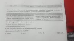 LGS / 8.SINIF
T.C. İNKILAP TARİHİ VE ATATÜRKÇÜLÜK TESTİ
DENEME-4
5.
Mondros Ateşkes Antlaşması'ndan sonra Anadolu'nun bazı bölgelerinde milli cemiyetler kurulmuştur. Bu
cemiyetlerin bazılarının, kuruluş nedenleri ve etkinlikleri aşağıdaki tabloda verilmiştir.
Redd-i llhak Cemiyeti
Kilikyalılar Cemiyeti
Izmir ve çevresinin Yunanlara verilmesini önlemek
için kuruldu. Bölgedeki milli direnişi teşkilatlandır-
Çukurova bölgesinin Fransızlar tarafından işgali-
mak için Balikesir ve Alaşehir'de kongreler düzen-
ni ve Ermenilerin bölgedeki olumsuz faaliyetlerini
ledi.
engellemek için kuruldu.
Bu bilgilere göre, sözü edilen cemiyetlerle ilgili;
1. Manda ve himaye düşüncesinde oldukları
II. Millî duygularla hareket ettikleri
III. Milli cemiyetlerin tamamını tek çatı altında toplamaya çalıştıkları
çıkarımlarından hangilerine ulaşılabilir?
A) Yalnız II.
B) I ve II.
C) II ve II.
D) I, II ve III.