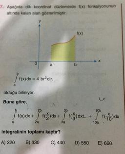 7. Aşağıda dik koordinat düzleminde f[x) fonksiyonunun
altında kalan alan gösterilmiştir.
f(x)
0
a
b
1 (x) dx
f(x) dx = 4 br2 dir.
a
olduğu biliniyor.
Buna göre,
2b
3b
10b
i f(x) dx +
f(x) dx + f(Ă)dx + (3) dxt... + )
10
a
2a
3a
10a
integralinin toplamı kaçtır?
A) 220
B) 330
C) 440
D) 550
E) 660
