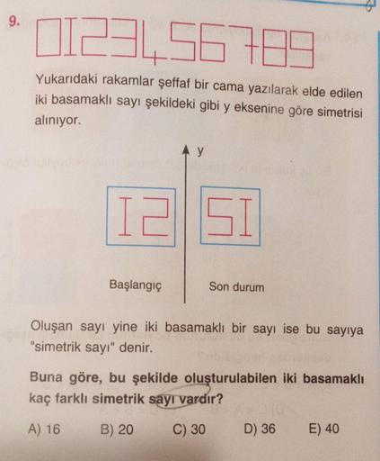 9.
0123456789
Yukarıdaki rakamlar şeffaf bir cama yazılarak elde edilen
iki basamaklı sayı şekildeki gibi y eksenine göre simetrisi
aliniyor.
y
I2| SI
Başlangıç
Son durum
Oluşan sayı yine iki basamaklı bir sayı ise bu sayıya
"simetrik sayı" denir.
Buna gör