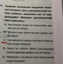 39. Aşağıdaki durumlardan hangisinde oluşan
yeni bireylerin, hücre çekirdeklerindeki ka-
litsal özellikleri, atasınınkine bire bir ben-
zemeyebilir? (Mutasyon gerçekleşmediği
kabul edilecektir.)
A) Ana bireyde oluşan bir tomurcuktan geli-
şen yeni bir bireyin
Bi Mitozla oluşan diploit spordan gelişen yeni
bir bireyin
C) Hermafrodit iki canlinin birbirlerini dölleme-
siyle oluşan bireylerin
D) Diploit bir canlının diploit yumurtasından
partenozgenezle gelişen yeni bir bireyin
E) Planaryanin vücudunun ikiye bölünmesiyle
oluşan bireylerin