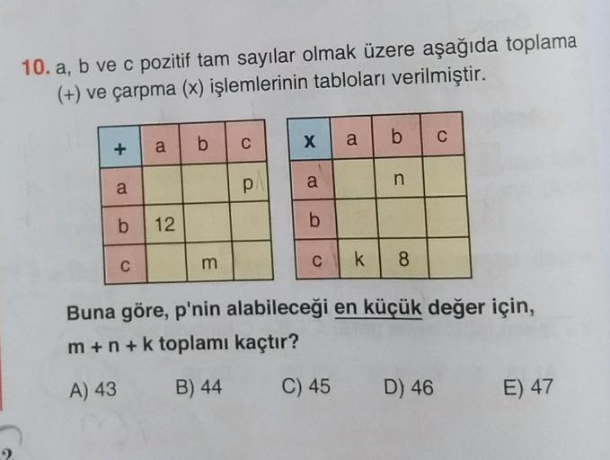 10. a, b ve c pozitif tam sayılar olmak üzere aşağıda toplama
(+) ve çarpma (x) işlemlerinin tabloları verilmiştir.
b
C
a
a
X
b
C
a
a
p
b
12
b
k
C
C
8
3
Buna göre, p'nin alabileceği en küçük değer için,
m+n + k toplamı kaçtır?
A) 43
B) 44
C) 45
D) 46
E) 47