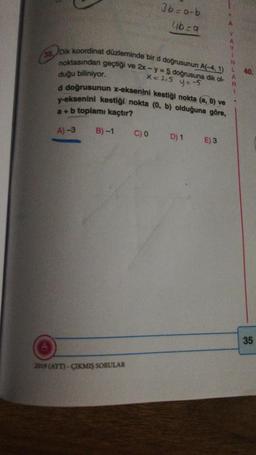 3b=a-b
4ba
38. Dik koordinat düzleminde bir d doğrusunun A(-4,1)
noktasından geçtiği ve 2x - y = 5 doğrusuna dik ol-
duğu biliniyor.
N
40.
x=215 y=-5
a doğrusunun x-eksenini kestiği nokta (a,0) ve
A
R
1
y-eksenini kestiği nokta (0, b) olduğuna göre,
a+b toplamı kaçtır?
A) -3
B) -1
C) 0
D) 1
E) 3
35
2019 (AYT) - ÇIKMIŞ SORULAR
