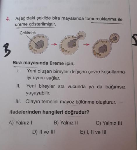 4. Aşağıdaki şekilde bira mayasında tomurcuklanma ile
üreme gösterilmiştir.
Çekirdek
3
Bira mayasında üreme için,
1. Yeni oluşan bireyler değişen çevre koşullarına
iyi uyum sağlar.
II. Yeni bireyler ata vücunda ya da bağımsız
yaşayabilir.
III. Olayın temel