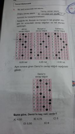 Temel Matematik
Bir test sınavında net sayısı,
Yanlış cevap sayıs
Doğru cevap sayisi Bir sorudaki şık sayı61-1
formula ile hesaplanmaktadır.
Aşağıda Ali, Burçak ve Cansev'in tek gruptan olu-
şan bir
bir sınavdaki cevap kâğıtları ve net sayıları
verilmiştir
Ali'nin
Burçak'ın Cansev'in
cevap kâğıdı cevap kâğıdı cevap kâğıdı
ABCO
BCO
AO
3 OBC
4 AB ABODE 4 ABCO
5 AOC
OCDE 5 ABCD
6 ABODE 6
BCOE 6 ABCO
7 AB
8 ABCDO 8 AO DE 8 AOCO
AOCDE OBODE 9 O
10 A B CDO 10 A 8 CO
6,25 net
4,25 net -2.50 net
Aynı sınava giren Deniz'in cevap kâğıdı aşağıdaki
gibidir.
Deniz'in
cevap kâğıdı
mmm
ACS
5
5
E
mm
8
B
m
(TY
3 OBCDE
5.A OCDE
7 A BODO
8 ABCD
9 ABODE
10 ABC
Buna göre, Deniz'in kaç neti vardır?
A) 4,50 B) 4,75
C) 5
D) 5,50
E) 6
