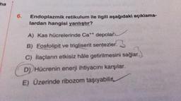 ha
6.
Endoplazmik retikulum ile ilgili aşağıdaki açıklama-
lardan hangisi yanlıştır?
ar
A) Kas hücrelerinde Cat+ depolar.
B) Fosfolipit ve trigliserit sentezler. 3
C) ilaçların etkisiz hale getirilmesini sağlar.
D) Hücrenin enerji ihtiyacını karşılar.
E) Üzerinde ribozom taşıyabilir.
