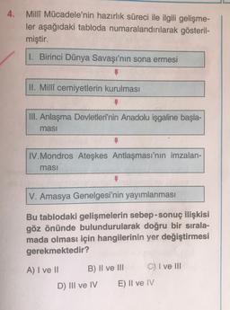 4.
Milli Mücadele'nin hazırlık süreci ile ilgili gelişme-
ler aşağıdaki tabloda numaralandırılarak gösteril-
miştir.
I. Birinci Dünya Savaşı'nın sona ermesi
II. Millî cemiyetlerin kurulması
III. Anlaşma Devletleri'nin Anadolu işgaline başla-
masi
IV. Mondros Ateşkes Antlaşması'nın imzalan-
masi
V. Amasya Genelgesi'nin yayımlanması
Bu tablodaki gelişmelerin sebep-sonuç ilişkisi
göz önünde bulundurularak doğru bir sırala-
mada olması için hangilerinin yer değiştirmesi
gerekmektedir?
A) I ve 11
B) II ve III
C) I ve III
D) III ve IV
E) II ve IV