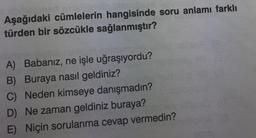 Aşağıdaki cümlelerin hangisinde soru anlamı farklı
türden bir sözcükle sağlanmıştır?
A) Babanız, ne işle uğraşıyordu?
B) Buraya nasıl geldiniz?
C) Neden kimseye danışmadın?
D) Ne zaman geldiniz buraya?
E) Niçin sorularıma cevap vermedin?