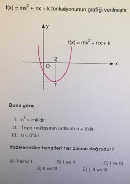 f(x) = mx? + nx + k fonksiyonunun grafiĝi verilmiştir.
AY
f(x) = mx + nx +k
2
X
Buna göre,
1. n> mk'dir.
?
il. Tepe noktasının ordinatı n + k'dir.
III. n < O'dır.
ifadelerinden hangileri her zaman doğrudur?
A) Yalnız !
B) I ve II
D) Il ve III
C) I ve III
E) I, II ve III
