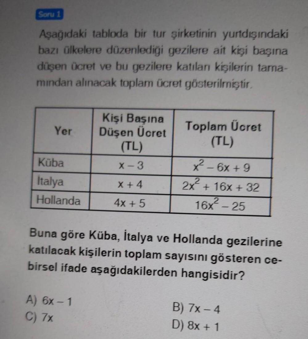 [Soru 1
Aşağıdaki tabloda bir tur şirketinin yurtdışındaki
bazı ülkelere düzenlediği gezilere ait kişi başına
düşen ücret ve bu gezilere katılan kişilerin tama-
mindan alınacak toplam ücret gösterilmiştir
Yer
Kişi Başına
Düşen Ücret
(TL)
X-3
Toplam Ücret
(
