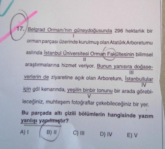 17. Belgrad Ormanı'nın güneydoğusunda 296 hektarlık bir
1
orman parçası üzerinde kurulmuş olan Atatürk Arboretumu
aslında İstanbul Üniversitesi Orman Fakültesinin bilimsel
II
araştırmalarına hizmet veriyor. Bunun yanısıra doğase-
III
verlerin de ziyaretine