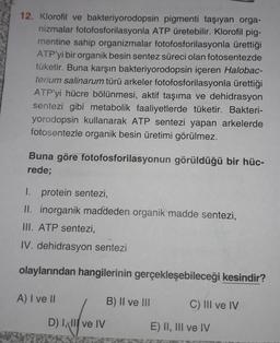 12. Klorofil ve bakteriyorodopsin pigmenti taşıyan orga-
nizmalar fotofosforilasyonla ATP üretebilir. Klorofil pig-
mentine sahip organizmalar fotofosforilasyonla ürettiği
ATP'yi bir organik besin sentez süreci olan fotosentezde
tüketir. Buna karşın bakteriyorodopsin içeren Halobac-
terium salinarum türü arkeler fotofosforilasyonla ürettiği
ATP'yi hücre bölünmesi, aktif taşıma ve dehidrasyon
sentezi gibi metabolik faaliyetlerde tüketir. Bakteri-
yorodopsin kullanarak ATP sentezi yapan arkelerde
fotosentezle organik besin üretimi görülmez.
Buna göre fotofosforilasyonun görüldüğü bir hüc-
rede;
1. protein sentezi,
II. inorganik maddeden organik madde sentezi,
III. ATP sentezi,
IV. dehidrasyon sentezi
olaylarından hangilerinin gerçekleşebileceği kesindir?
A) I ve II
B) II ve III
C) III ve IV
D) 1,1|| ve IV
E) II, III ve IV