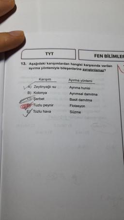 TYT
FEN BİLİMLER
13. Aşağıdaki karışımlardan hangisi karşısında verilen
ayırma yöntemiyle bileşenlerine ayrıstırılamaz?
Karışım
Ayırma yöntemi
A) Zeytinyağlı su Ayrima hunisi
B) Kolonya
Ayrımsal damıtma
Şerbet
Basit damıtma
Tuzlu peynir Flotasyon
EY Tozlu hava
Süzme
