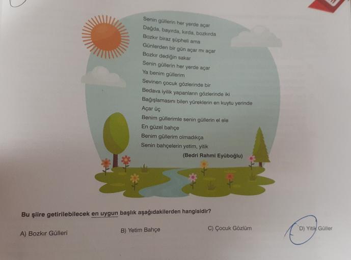 Senin güllerin her yerde açar
Dağda, bayırda, kırda, bozkırda
Bozkır biraz şüpheli ama
Günlerden bir gün açar mi açar
Bozkır dediğin sakar
Senin güllerin her yerde açar
Ya benim güllerim
Sevinen çocuk gözlerinde bir
Bedava iyilik yapanların gözlerinde iki
