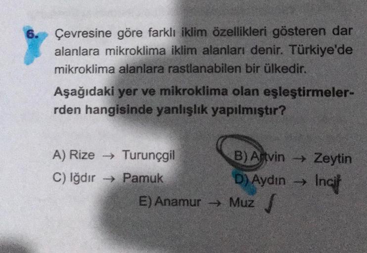 6. Çevresine göre farklı iklim özellikleri gösteren dar
alanlara mikroklima iklim alanları denir. Türkiye'de
mikroklima alanlara rastlanabilen bir ülkedir.
Aşağıdaki yer ve mikroklima olan eşleştirmeler-
rden hangisinde yanlışlık yapılmıştır?
A) Rize - Tur