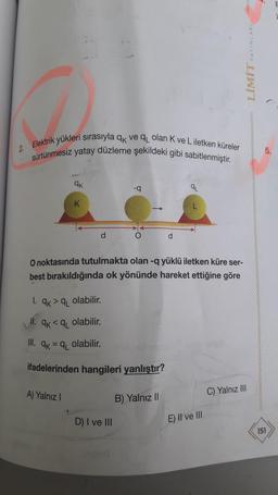 LİMİT YAYINLARI
2. Elektrik yükleri sırasıyla k ve 9 olan K ve Liletken küreler
sürtünmesiz yatay düzleme şekildeki gibi sabitlenmiştir.
5.
ak
-
9
d
O
d
O noktasında tutulmakta olan-q yüklü iletken küre ser-
best bırakıldığında ok yönünde hareket ettiğine göre
1.9K > q_ olabilir.
qKq olabilir.
III. qk = q olabilir.
ifadelerinden hangileri yanlıştır?
A) Yalnız
C) Yalnız III
B) Yalnız II
D) I ve III
E) II ve III
151