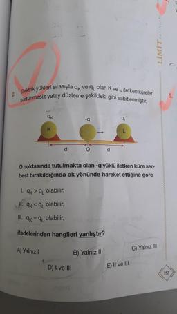 LİMİT YAYINLARI
2. Elektrik yükleri sırasıyla k ve 9 olan K ve Liletken küreler
sürtünmesiz yatay düzleme şekildeki gibi sabitlenmiştir.
5.
ak
-
9
d
O
d
O noktasında tutulmakta olan-q yüklü iletken küre ser-
best bırakıldığında ok yönünde hareket ettiğine göre
1.9K > q_ olabilir.
qKq olabilir.
III. qk = q olabilir.
ifadelerinden hangileri yanlıştır?
A) Yalnız
C) Yalnız III
B) Yalnız II
D) I ve III
E) II ve III
151
