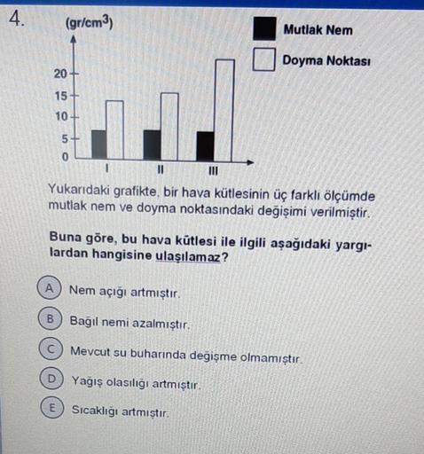 4.
(gr/cm3)
Mutlak Nem
Doyma Noktası
20+
15 +
10
5+
0
III
Yukarıdaki grafikte, bir hava kütlesinin üç farklı ölçümde
mutlak nem ve doyma noktasındaki değişimi verilmiştir.
Buna göre, bu hava kütlesi ile ilgili aşağıdaki yargı-
lardan hangisine ulaşılamaz?
A) Nem açığı artmıştır.
B
Bağıl nemi azalmıştır.
Mevcut su buharında degişme olmamıştır.
Yağış olasılığı artmıştır.
Sıcaklığı artmıştır.