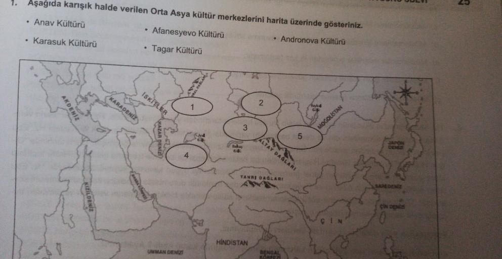 Aşağıda karışık halde verilen Orta Asya kültür merkezlerini harita üzerinde gösteriniz.
25
• Anav Kültürü
Afanesyevo Kültürü
Karasuk Kültürü
Andronova Kültürü
Tagar Kültürü
de
KARADENIZ
ISKITLER
2
AKDENİZ
3
MOGOLISTAN
HAZAR DENIZI
ALTAY DAGLARI
05
JAPON
TA