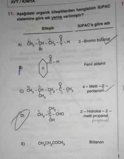 AYT/
1
11. Aşağıdaki organik bileşiklerden hangisinin IUPAC
sistemine göre adı yanlış verilmiştir?
IUPAC'a göre adi
Bileşik
3-Bromo bütanal
A) 6 - pH - CN ---
Br
S-H
OS
Fenil aldehit
C) CH - CH - CH -- CH.
4-Metil-2-
pentanon
CH3
CHE
D)
CH, -6 - CHO
2 - Hidroksi - 2 -
metil propanal
OH
propanol
E)
CH,CH,COCH,
Bütanon
B
