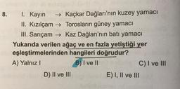 8.
1. Kayın
→ Kaçkar Dağları'nın kuzey yamacı
II. Kızılçam → Torosların güney yamacı
III. Sarıçam → Kaz Dağları'nın batı yamacı
Yukarıda verilen ağaç ve en fazla yetiştiği yer
eşleştirmelerinden hangileri doğrudur?
A) Yalnız
B) I ve II
C) I ve III
D) II ve III
E) I, II ve III
