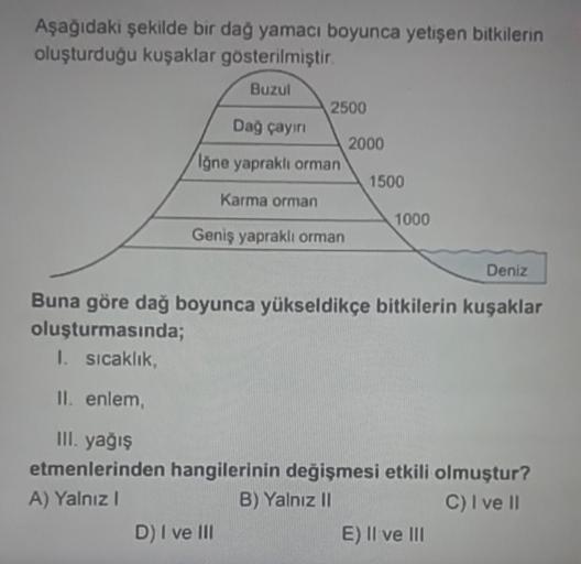 Aşağıdaki şekilde bir dağ yamacı boyunca yetişen bitkilerin
oluşturduğu kuşaklar gösterilmiştir
Buzul
2500
Dağ çayın
2000
Iğne yapraklı orman
1500
Karma orman
1000
Geniş yapraklı orman
Deniz
Buna göre dağ boyunca yükseldikçe bitkilerin kuşaklar
oluşturmasında;
1. Sıcaklık,
II. enlem,
III. yağış
etmenlerinden hangilerinin değişmesi etkili olmuştur?
A) Yalnız !
B) Yalnız II
C) I ve II
D) I ve III
E) Il ve III