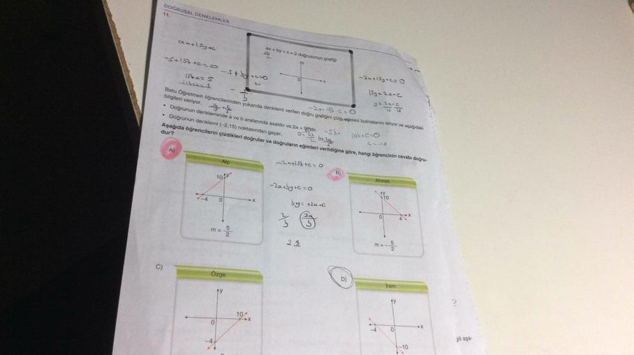 DOĞRUSAL DENKLEMLER
ax +by+C =0 doğrusunun grafiſi
-s+15b+c=0-stby +c=0
154 c= 5
-20 +15y +c=0
bilgileri veriyor. Det
(sy=2a-c
.
Batu Öğretmen öğrencilerinden yukarıda denklemi verilen doğru grafiğini çizip eğimini bulmalarını istiyor ve aşağıdaki
- 20+ SU