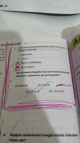 OWITE 138
A
BİTKİ BİYOLOJİSİ
Bir bitkinin yapısında bulunan bazı hücre tipleri
7.
T
üm or
- ince
aşağıda verilmiştir.
T. Pa-
1. Epidermis
ak da
viye-
II. Floem
Mantar kambiyumu
Uç meristem
BÜRGÜN
it-
Bu hücrelerin hangilerinde çekirdekte bulunan
DNA'ların eşlenmesi gerçekleşebilir?
Topra
C
A) Yalnız IV
B) II ve III
Il ve IV
D) Il ve III
E) I, III ve IV
8. Aşağıda verilenlerden hangisi mantar dokudan
köken alır?