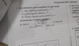 e ham
Yeryüzündeki Bitki Topluluklan
1. Çöl bitkilerinin genel özellikleri ile ilgili olarak;
4. Bitki formas
1 Aşırı kuraklığa dayanıklıdır
ayrılmakta
II. Geniş yaprakli bitkilerdir. .
Aşağıdak
farklı bir
III. Kökleri yüzeyde yayılış gösterir
verilenlerden hangileri yanlıştır?
A) Savan
A) Yalnız 1
B) Yalnız II. C) Yalnız III.
D) I ve II
E)!!!
NI ve III.
5. Aşağıd
olarak
nel Müdürlüğo