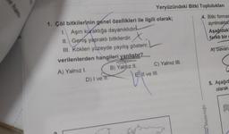 e ham
Yeryüzündeki Bitki Topluluklan
1. Çöl bitkilerinin genel özellikleri ile ilgili olarak;
4. Bitki formas
1 Aşırı kuraklığa dayanıklıdır
ayrılmakta
II. Geniş yaprakli bitkilerdir. .
Aşağıdak
farklı bir
III. Kökleri yüzeyde yayılış gösterir
verilenlerden hangileri yanlıştır?
A) Savan
A) Yalnız 1
B) Yalnız II. C) Yalnız III.
D) I ve II
E)!!!
NI ve III.
5. Aşağıd
olarak
nel Müdürlüğo
