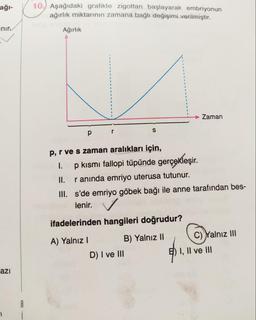 ağı-
10.) Aşağıdaki grafikte zigottan başlayarak embriyonun
ağırlık miktarının zamana bağlı değişimi verilmiştir.
ini.
Ağırlık
Zaman
S
pr
p, r ve s zaman aralıkları için,
1. p kısmı fallopi tüpünde gerçekleşir.
II. r anında emriyo uterusa tutunur.
III. s'de emriyo göbek bağı ile anne tarafından bes-
lenir.
ifadelerinden hangileri doğrudur?
C) Yalnız III
A) Yalnız
B) Yalnız II
D) I ve III
2) I, II ve III
azi
B
