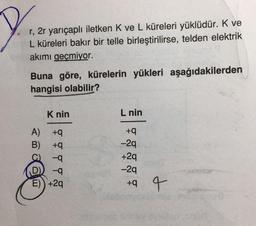 r, 2r yarıçaplı iletken K ve L küreleri yüklüdür. K ve
L küreleri bakır bir telle birleştirilirse, telden elektrik
akımı geçmiyor.
Buna göre, kürelerin yükleri aşağıdakilerden
hangisi olabilir?
Knin
L nin
+
A) +9
B) +9
-9
D
-9
E) +29
-29
+29
-29
ta 4
