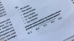 N)
BY
a-
da-
birine
lardan
umunun
Stesi işin-
32.
MR cihazları
• Polis radarları
• Ultrason cihazları
• Sonar cihazları
• X-Ray cihazları
Cep telefonlar
yukarıda verilen aletlerin kaç tanesinin çalışma
prensibi elektromanyetik dalgalara dayanır?
A) 2 B) 3 C) 4 D) 5
E) 6
iyesine çıkar
larak 10-8 en
r. Elektron üst
erken ortama fo-
örüngelerin enerji
ronun temel enerji
he kendiliğin-