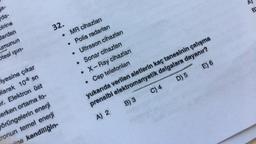 N)
BY
a-
da-
birine
lardan
umunun
Stesi işin-
32.
MR cihazları
• Polis radarları
• Ultrason cihazları
• Sonar cihazları
• X-Ray cihazları
Cep telefonlar
yukarıda verilen aletlerin kaç tanesinin çalışma
prensibi elektromanyetik dalgalara dayanır?
A) 2 B) 3 C) 4 D) 5
E) 6
iyesine çıkar
larak 10-8 en
r. Elektron üst
erken ortama fo-
örüngelerin enerji
ronun temel enerji
he kendiliğin-
