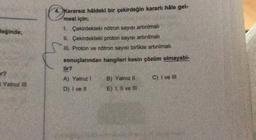 4. Kararsız hâldeki bir çekirdeğin kararlı hâle gel-
mesi için;
değinde;
1. Çekirdekteki nötron sayısı artırılmalı
1. Çekirdekteki proton sayısı artırılmalı
III. Proton ve nötron sayısı birlikte artırılmalı
sonuçlarından hangileri kesin çözüm olmayabi-
A) Yalnız)
C) I ve in
Yalnız IN
B) Yalnız ll
E) 1. li ve il
D) I ve II
