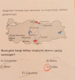 Aşağıdaki haritada bazı akarsular ve oluşturduğu deltalar
gösterilmiştir.
Bafra2 Çarşamba
Yeşilırmak
(Kızılırmak
Büyük Menderes Seyhan
Balat
Manavgat
Ceyhan
Silifke
Çukurova
Buna göre hangi deltayı oluşturan akarsu yanlış
verilmiştir?
A) Çarşamba
B) Bafra
C) Balat
D) Silifke
E) Çukurova
